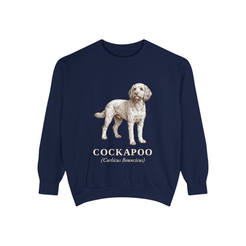 cockapoo-sweatshirt-latin-true-navy Cockapoo Latin Sweatshirt, True Navy, front view