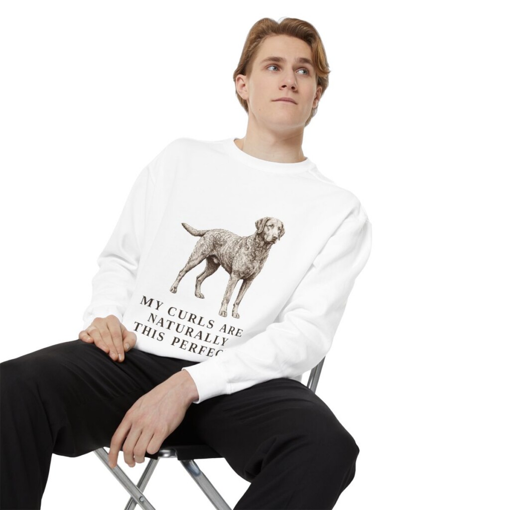 Curly-Coated Retriever Humor Sweatshirt, White, person 1 context