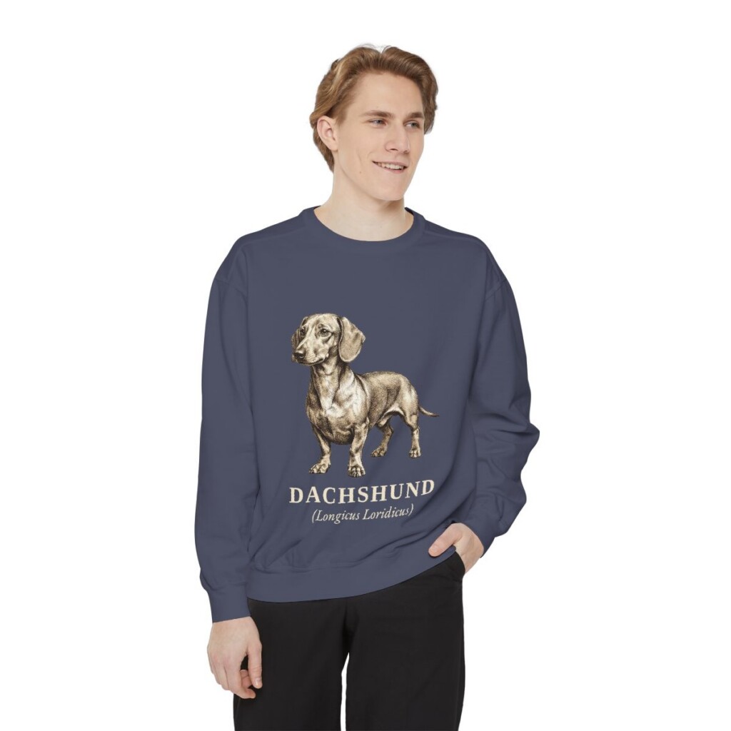Dachshund Latin Sweatshirt, Denim, person 1 front