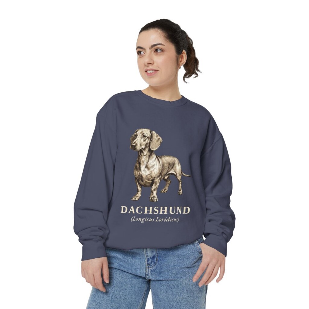 Dachshund Latin Sweatshirt, Denim, person 2 front