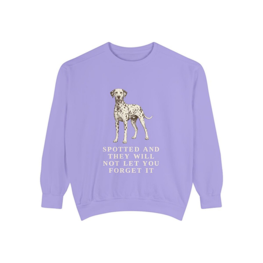 dalmatian-sweatshirt-humor-violet Dalmatian Humor Sweatshirt, Violet, front view