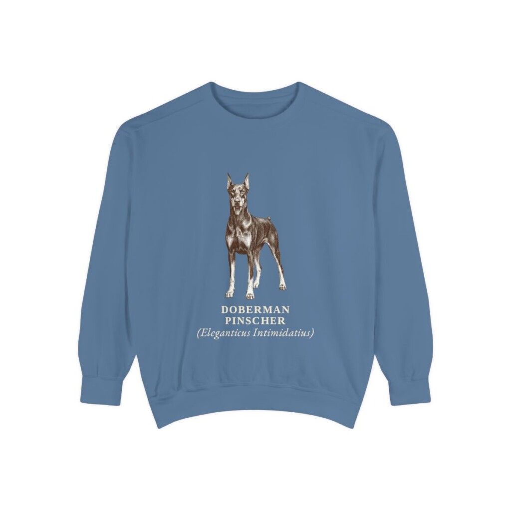 doberman-pinscher-sweatshirt-latin-blue-jean Doberman Pinscher Latin Sweatshirt, Blue Jean, front view