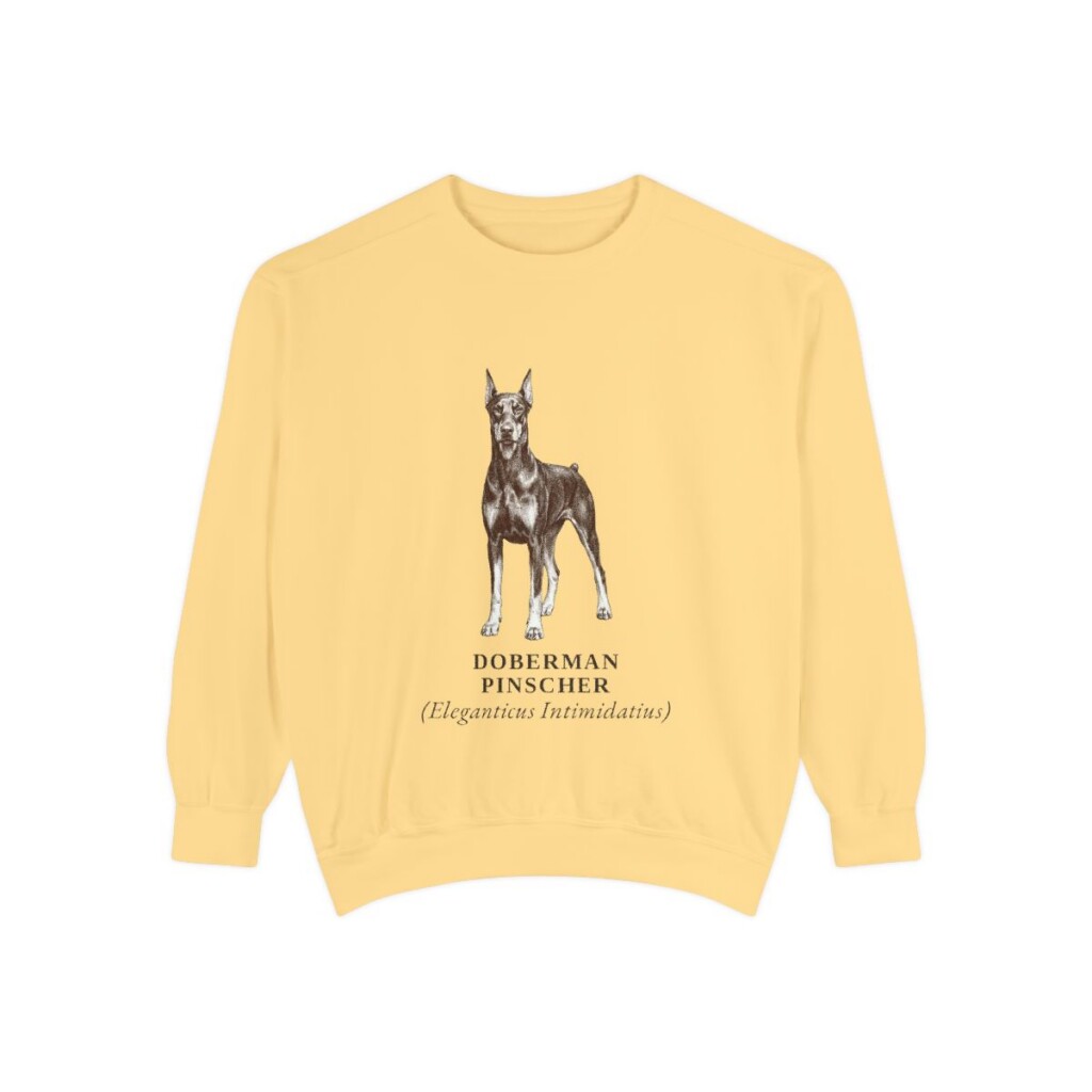 doberman-pinscher-sweatshirt-latin-butter Doberman Pinscher Latin Sweatshirt, Butter, front view