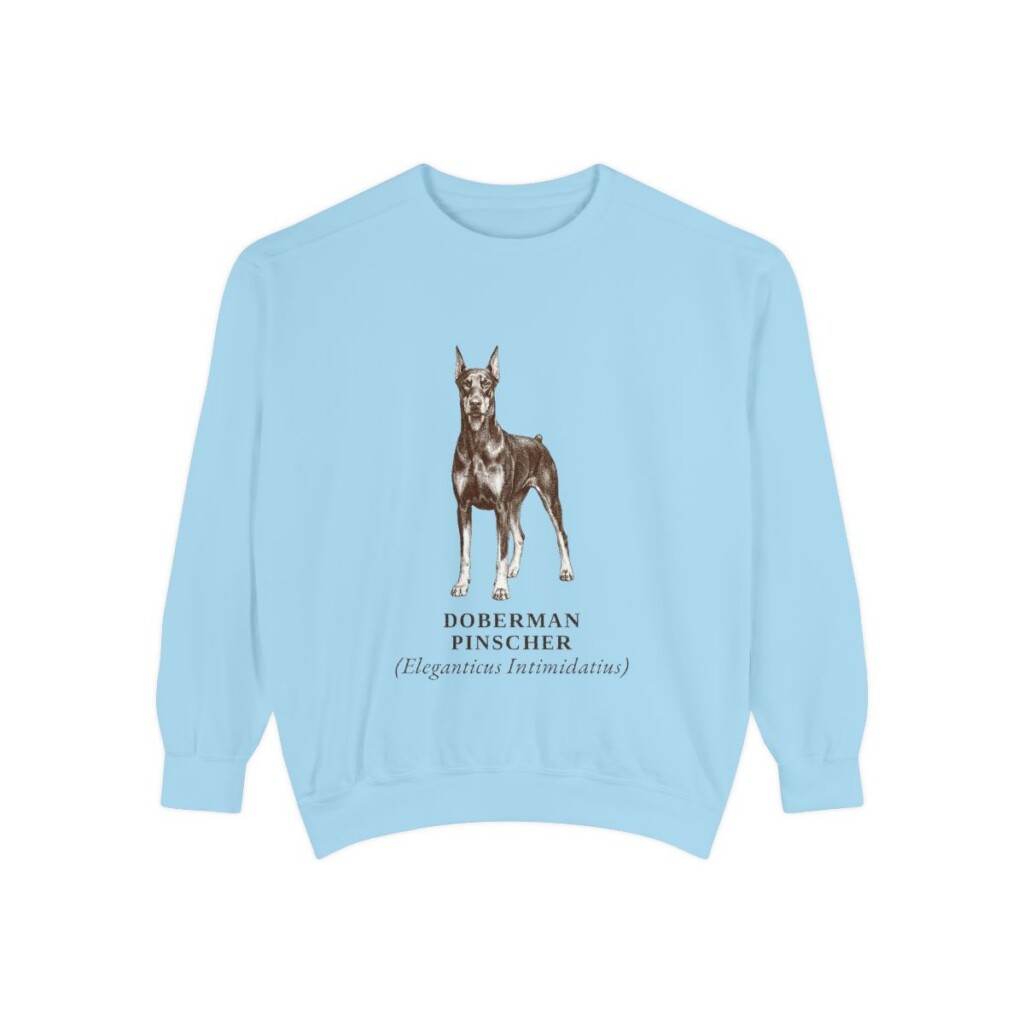 doberman-pinscher-sweatshirt-latin-chambray Doberman Pinscher Latin Sweatshirt, Chambray, front view