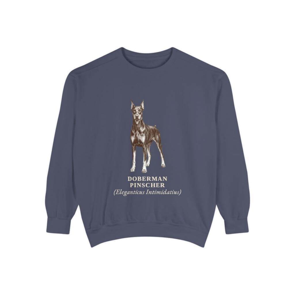 doberman-pinscher-sweatshirt-latin-denim Doberman Pinscher Latin Sweatshirt, Denim, front view