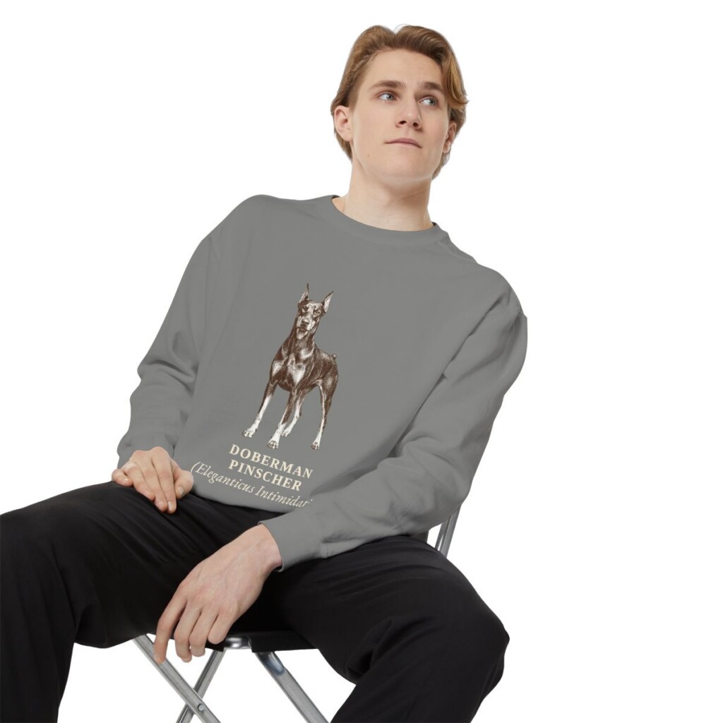 doberman-pinscher-sweatshirt-latin-grey-person-1-context Doberman Pinscher Latin Sweatshirt, Grey, person 1 context