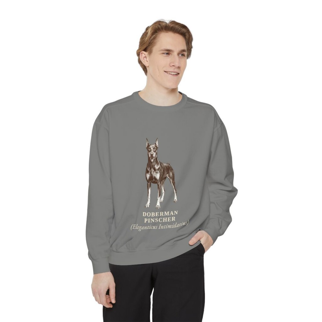 doberman-pinscher-sweatshirt-latin-grey-person-1-front Doberman Pinscher Latin Sweatshirt, Grey, person 1 front