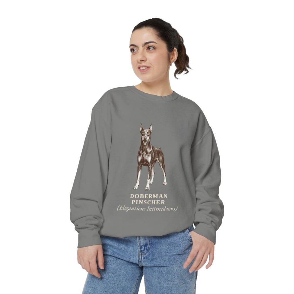 doberman-pinscher-sweatshirt-latin-grey-person-2-front Doberman Pinscher Latin Sweatshirt, Grey, person 2 front