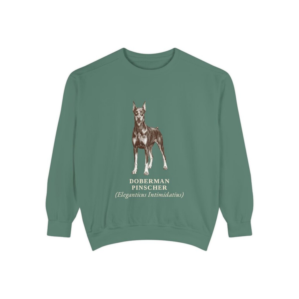 doberman-pinscher-sweatshirt-latin-light-green Doberman Pinscher Latin Sweatshirt, Light Green, front view