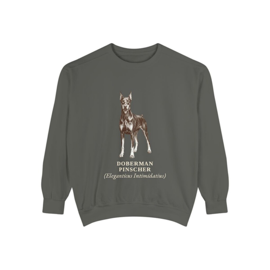 doberman-pinscher-sweatshirt-latin-pepper Doberman Pinscher Latin Sweatshirt, Pepper, front view