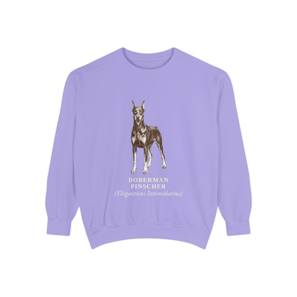 doberman-pinscher-sweatshirt-latin-violet Doberman Pinscher Latin Sweatshirt, Violet, front view