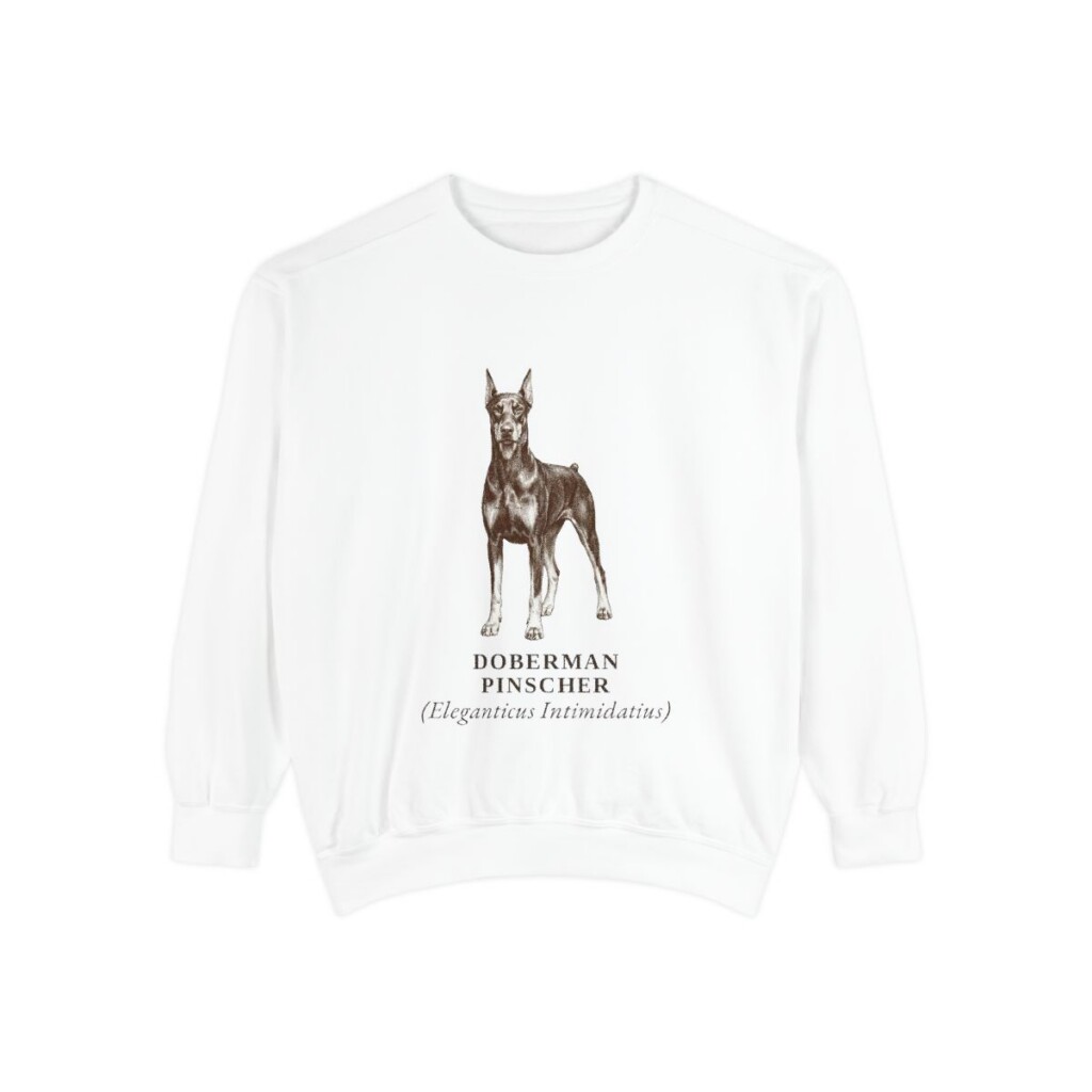 doberman-pinscher-sweatshirt-latin-white Doberman Pinscher Latin Sweatshirt, White, front view