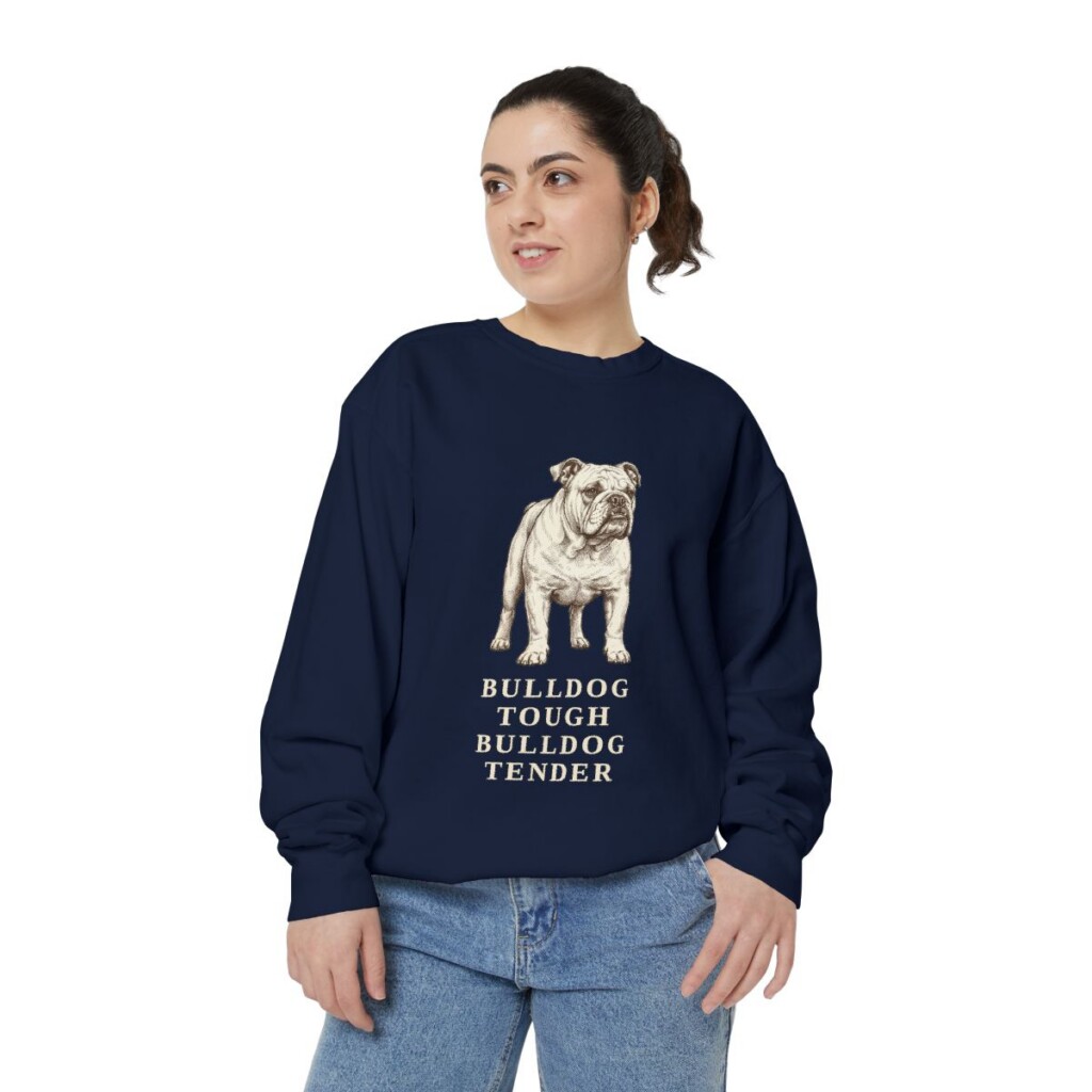 English Bulldog Humor Sweatshirt, True Navy, person 2 front