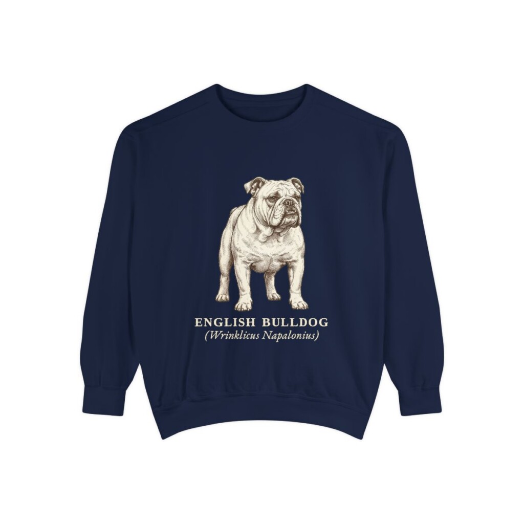 english-bulldog-sweatshirt-latin-true-navy English Bulldog Latin Sweatshirt, True Navy, front view