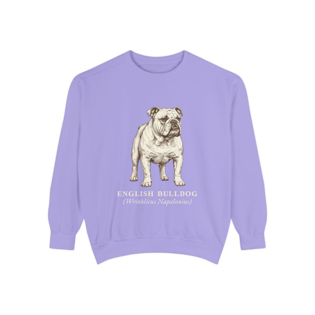english-bulldog-sweatshirt-latin-violet English Bulldog Latin Sweatshirt, Violet, front view
