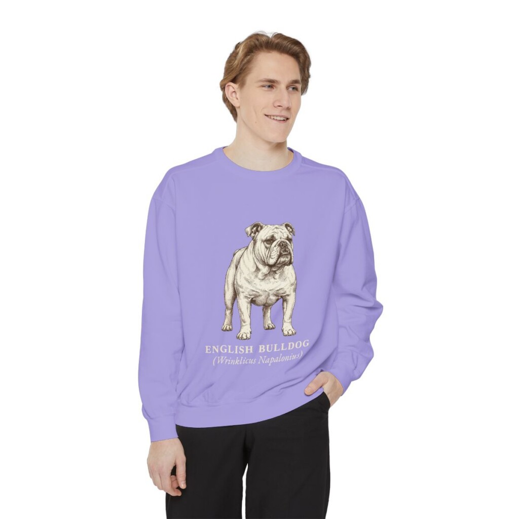 english-bulldog-sweatshirt-latin-violet-person-1-front English Bulldog Latin Sweatshirt, Violet, person 1 front