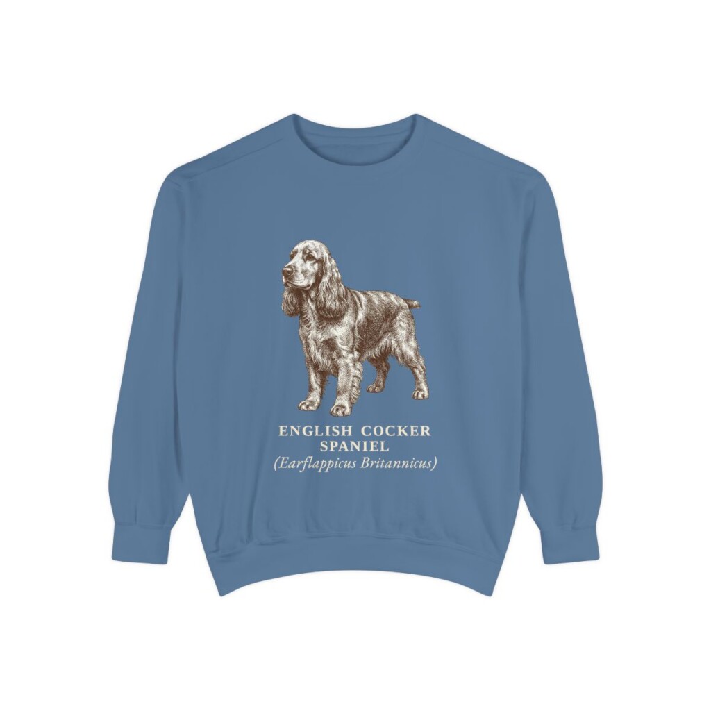 English Cocker Spaniel Latin Sweatshirt, Blue Jean, front view