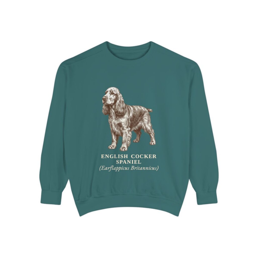 English Cocker Spaniel Latin Sweatshirt, Blue Spruce, front view