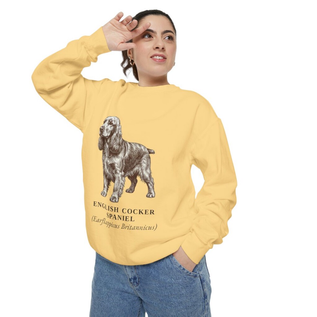 English Cocker Spaniel Latin Sweatshirt, Butter, person 2 context