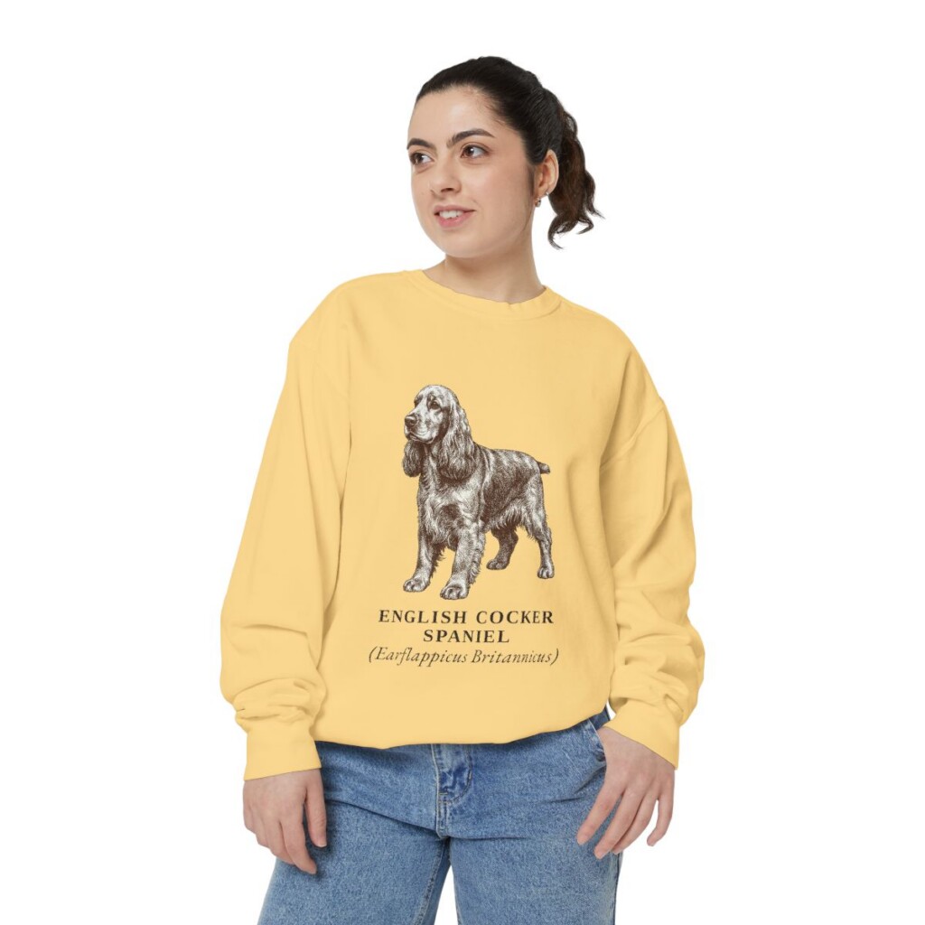 English Cocker Spaniel Latin Sweatshirt, Butter, person 2 front