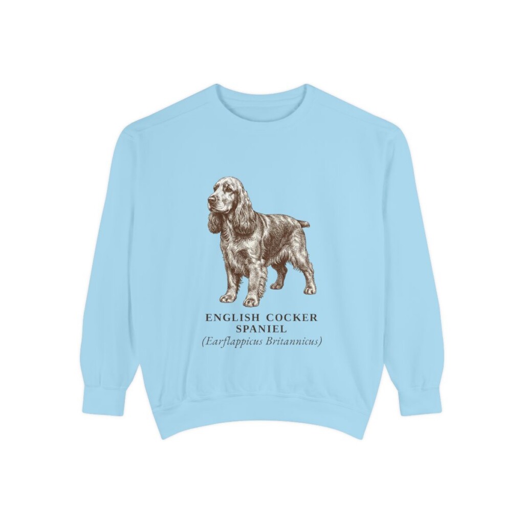 English Cocker Spaniel Latin Sweatshirt, Chambray, front view