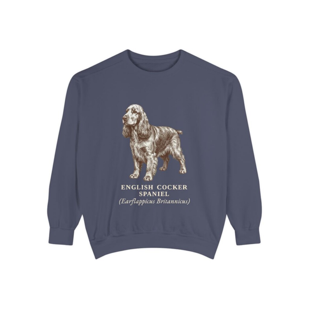 English Cocker Spaniel Latin Sweatshirt, Denim, front view