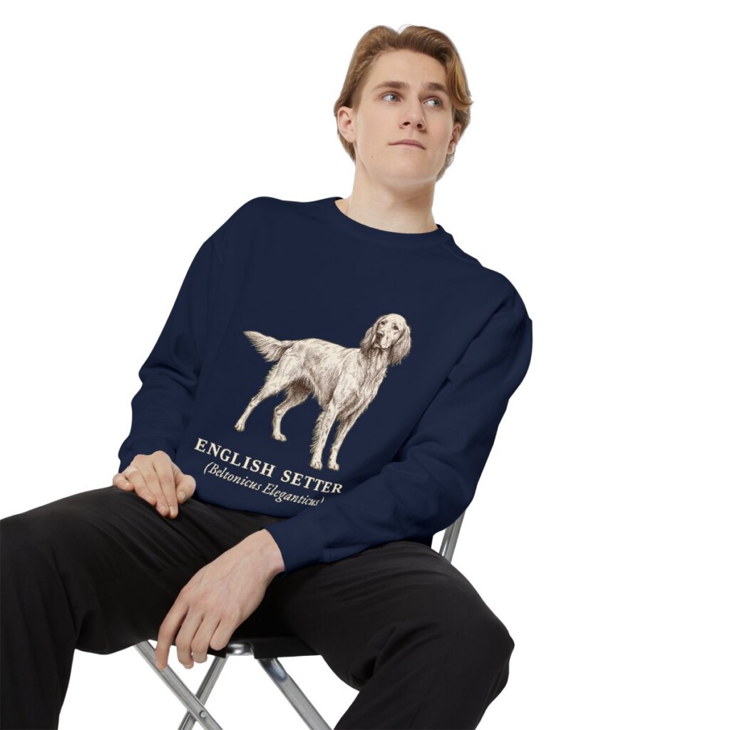 English Setter Latin Sweatshirt, True Navy, person 1 context