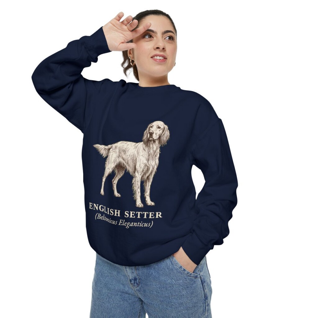 English Setter Latin Sweatshirt, True Navy, person 2 context