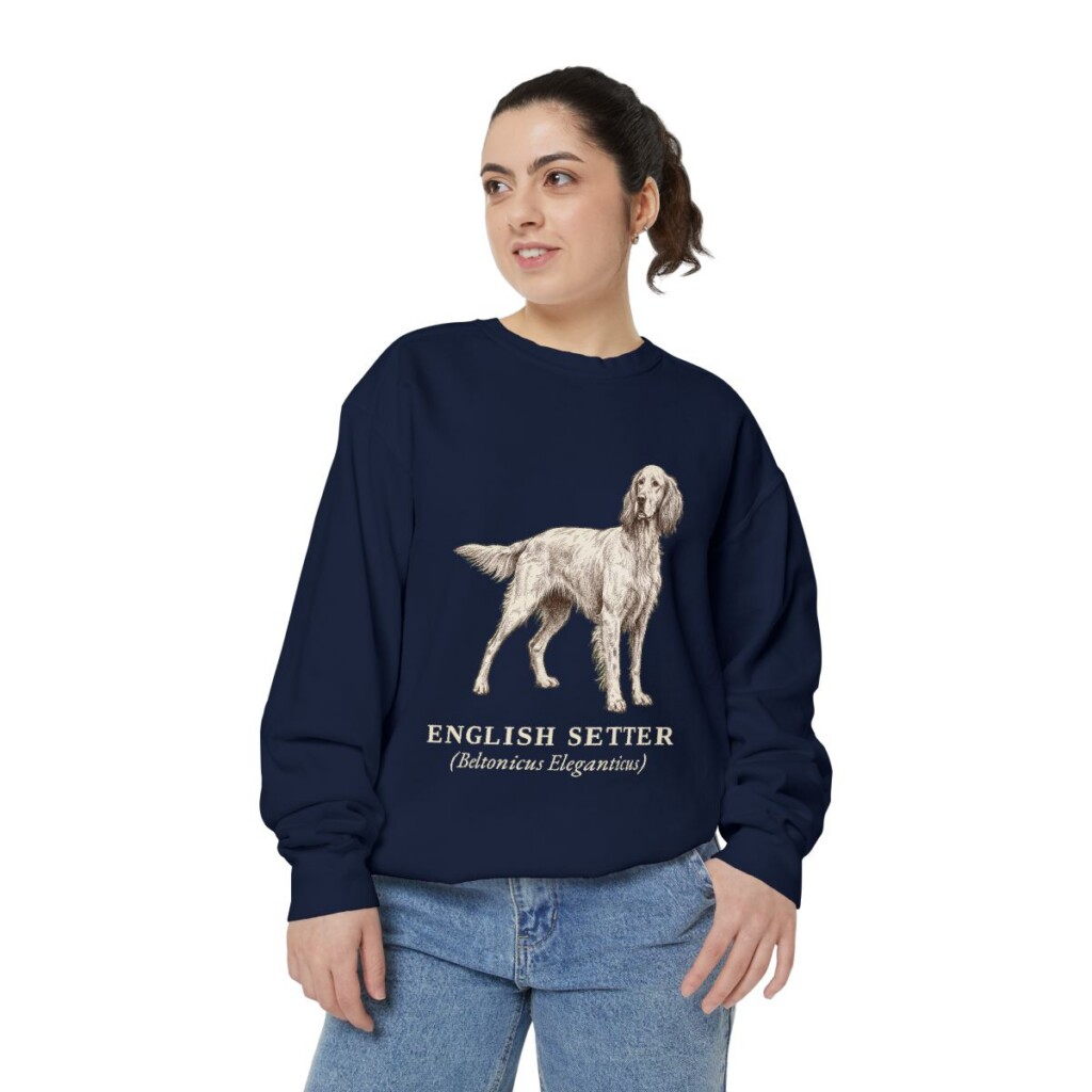 English Setter Latin Sweatshirt, True Navy, person 2 front