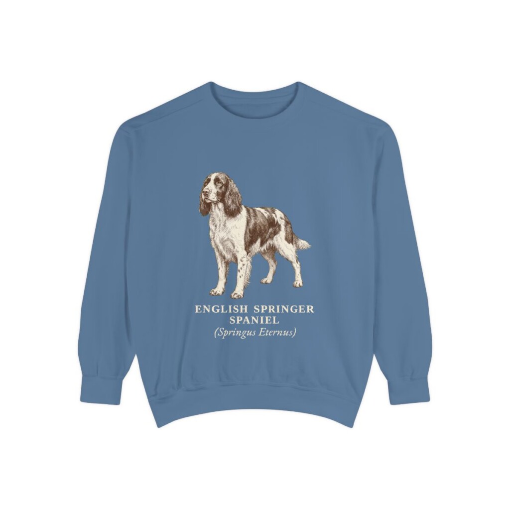 English Springer Spaniel Latin Sweatshirt, Blue Jean, front view
