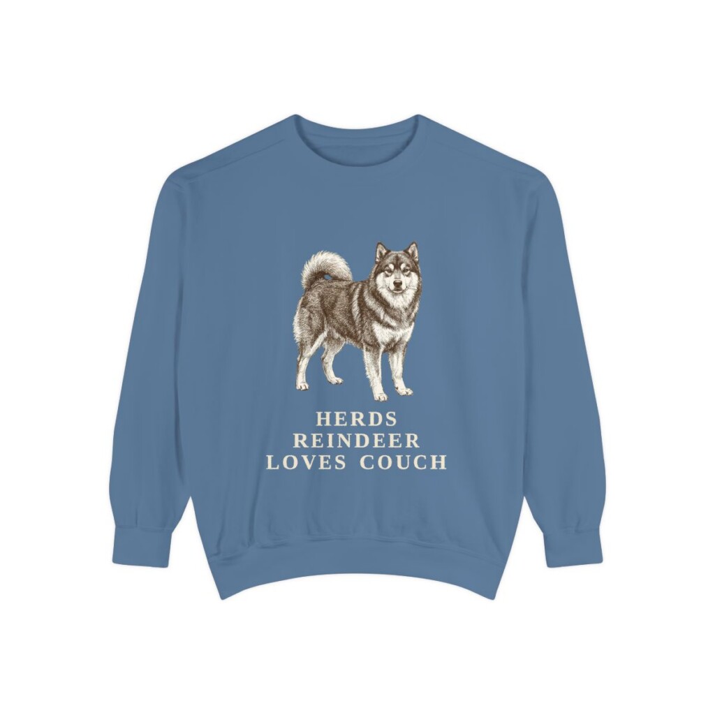 finnish-lapphund-sweatshirt-humor-blue-jean Finnish Lapphund Humor Sweatshirt, Blue Jean, front view