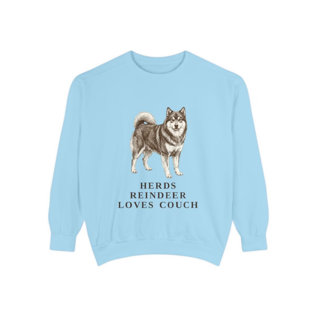 finnish-lapphund-sweatshirt-humor-chambray Finnish Lapphund Humor Sweatshirt, Chambray, front view
