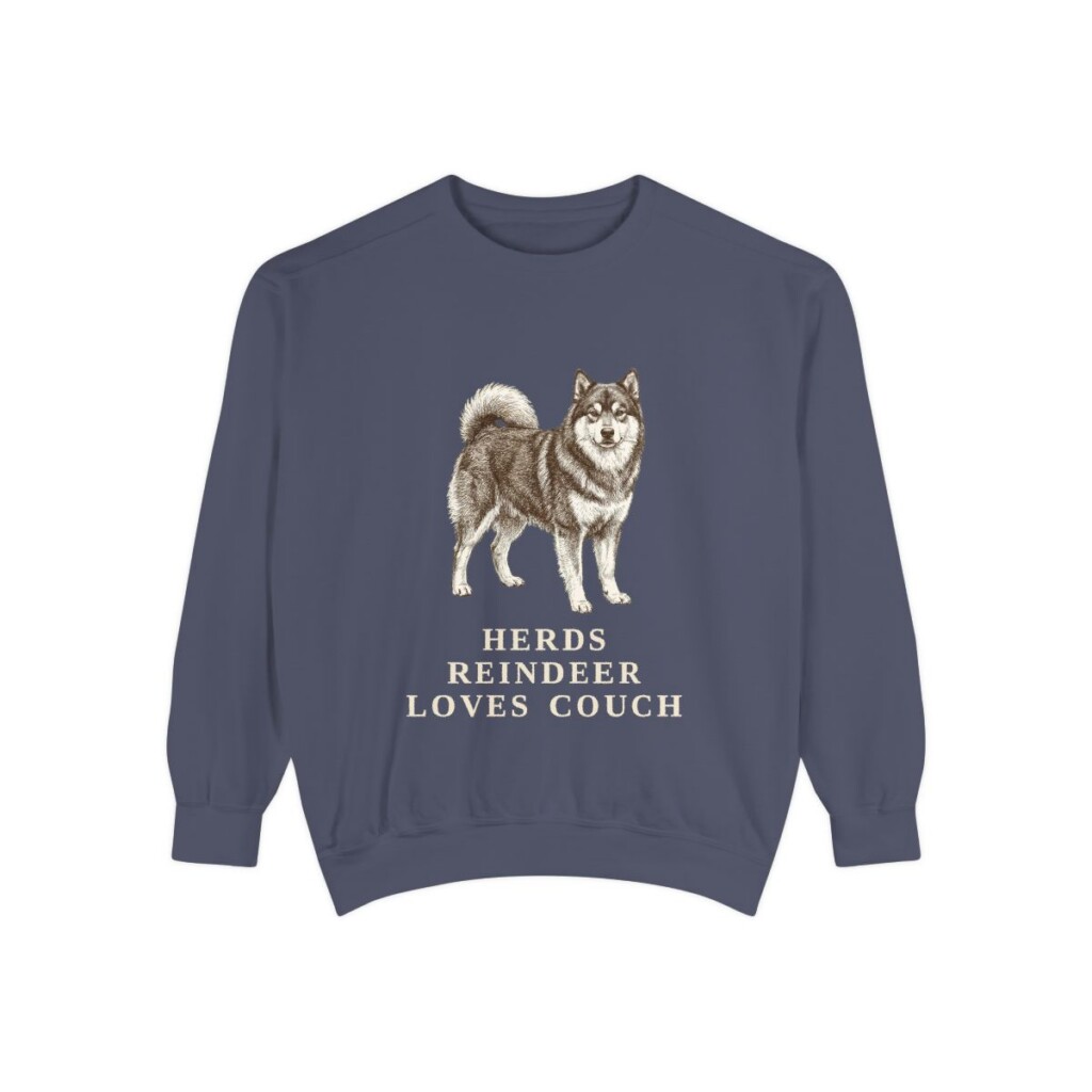 finnish-lapphund-sweatshirt-humor-denim Finnish Lapphund Humor Sweatshirt, Denim, front view