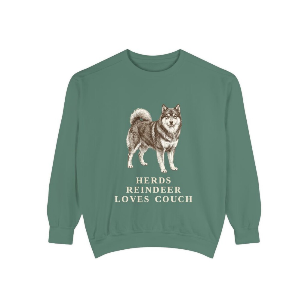 finnish-lapphund-sweatshirt-humor-light-green Finnish Lapphund Humor Sweatshirt, Light Green, front view