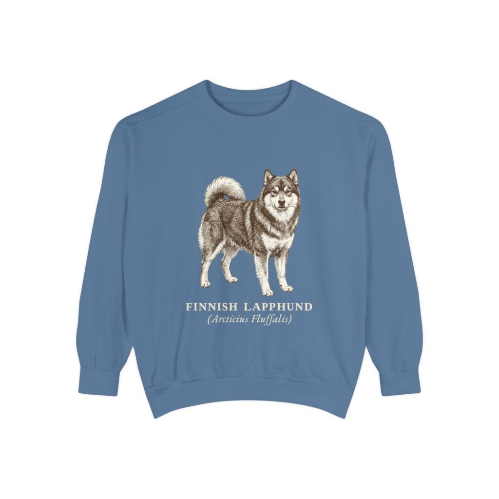 Finnish Lapphund Latin Sweatshirt, Blue Jean, front view