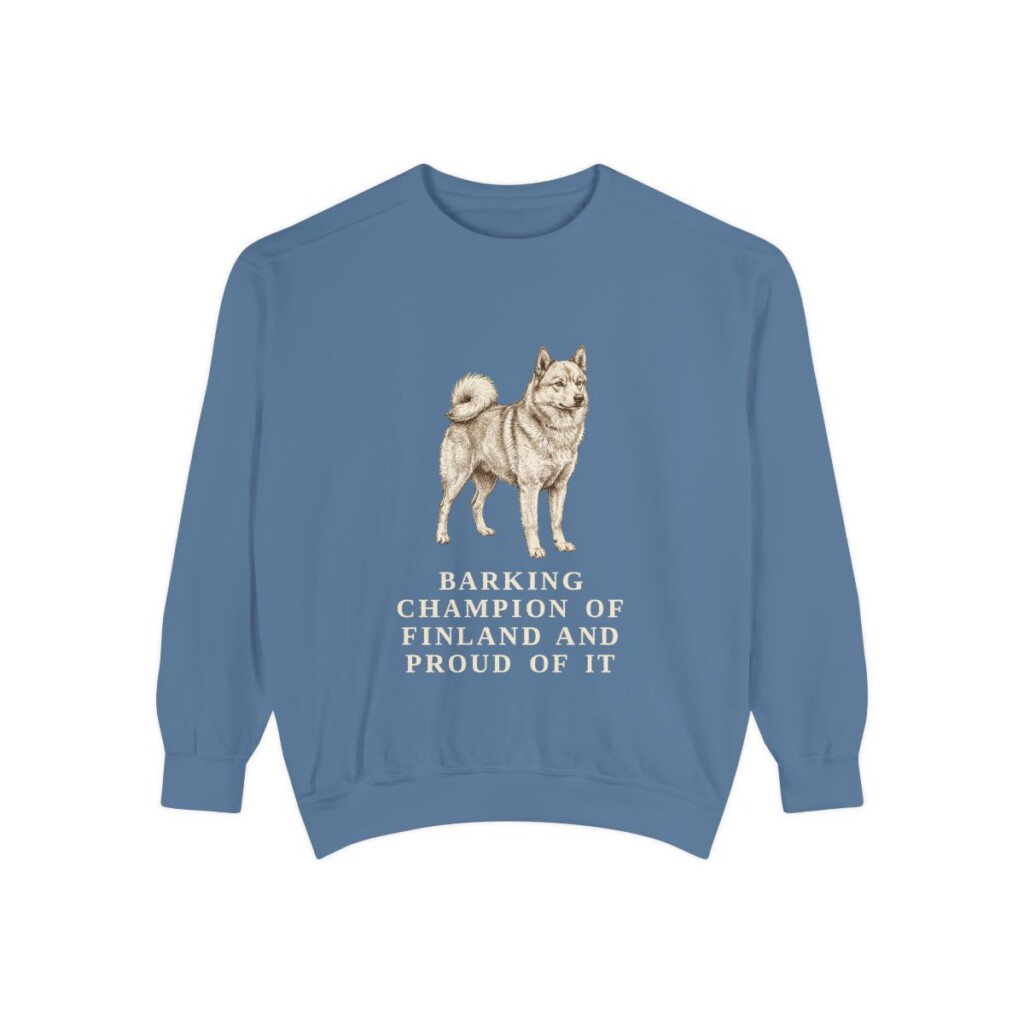 Finnish Spitz Humor Sweatshirt, Blue Jean, front view