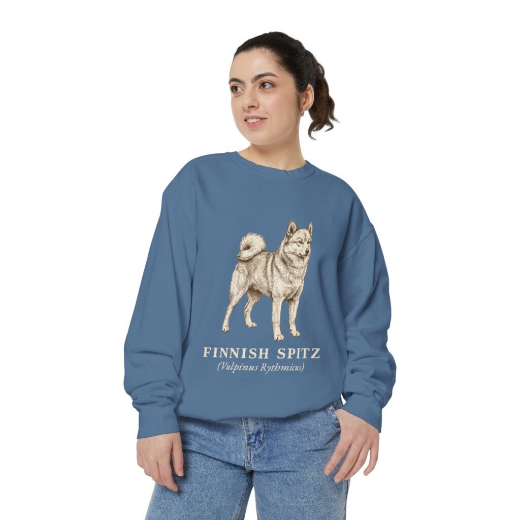 Finnish Spitz Latin Sweatshirt, Blue Jean, person 2 front
