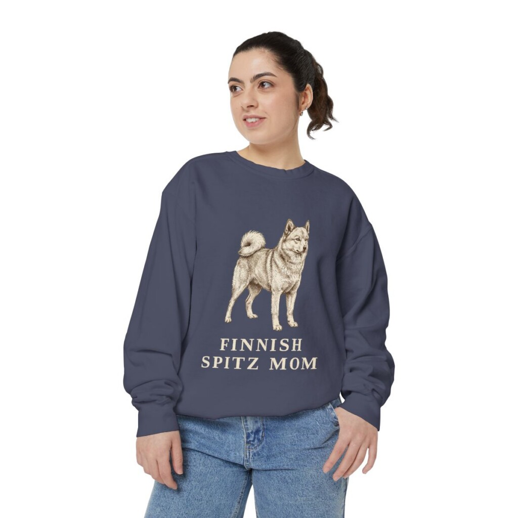 Finnish Spitz Mom Sweatshirt, Denim, person 2 front