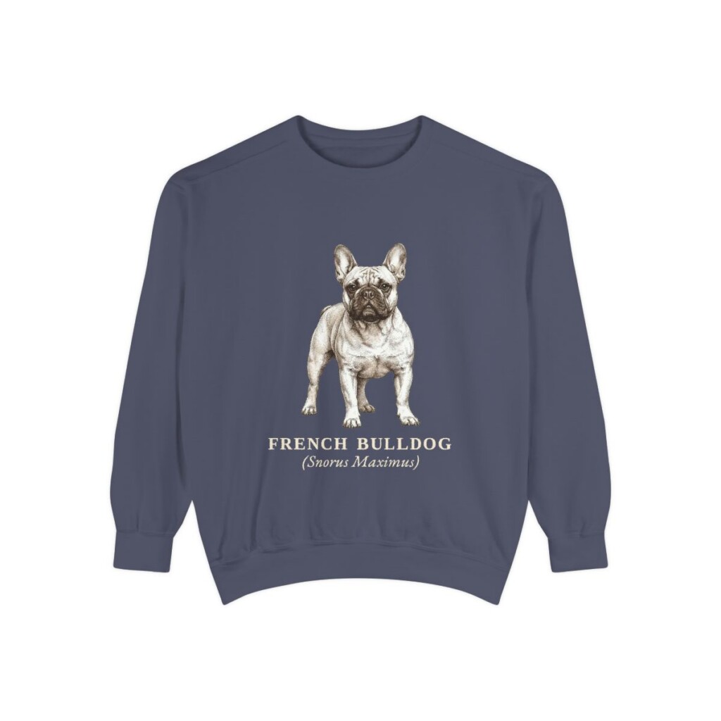 French Bulldog Latin Sweatshirt, Denim, front view