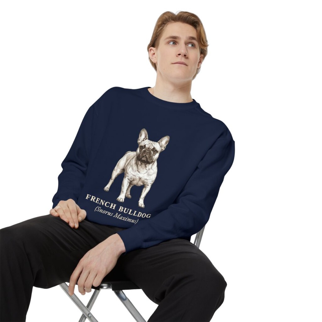 French Bulldog Latin Sweatshirt, True Navy, person 1 context