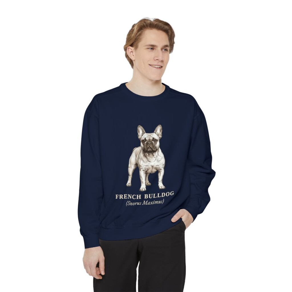 French Bulldog Latin Sweatshirt, True Navy, person 1 front