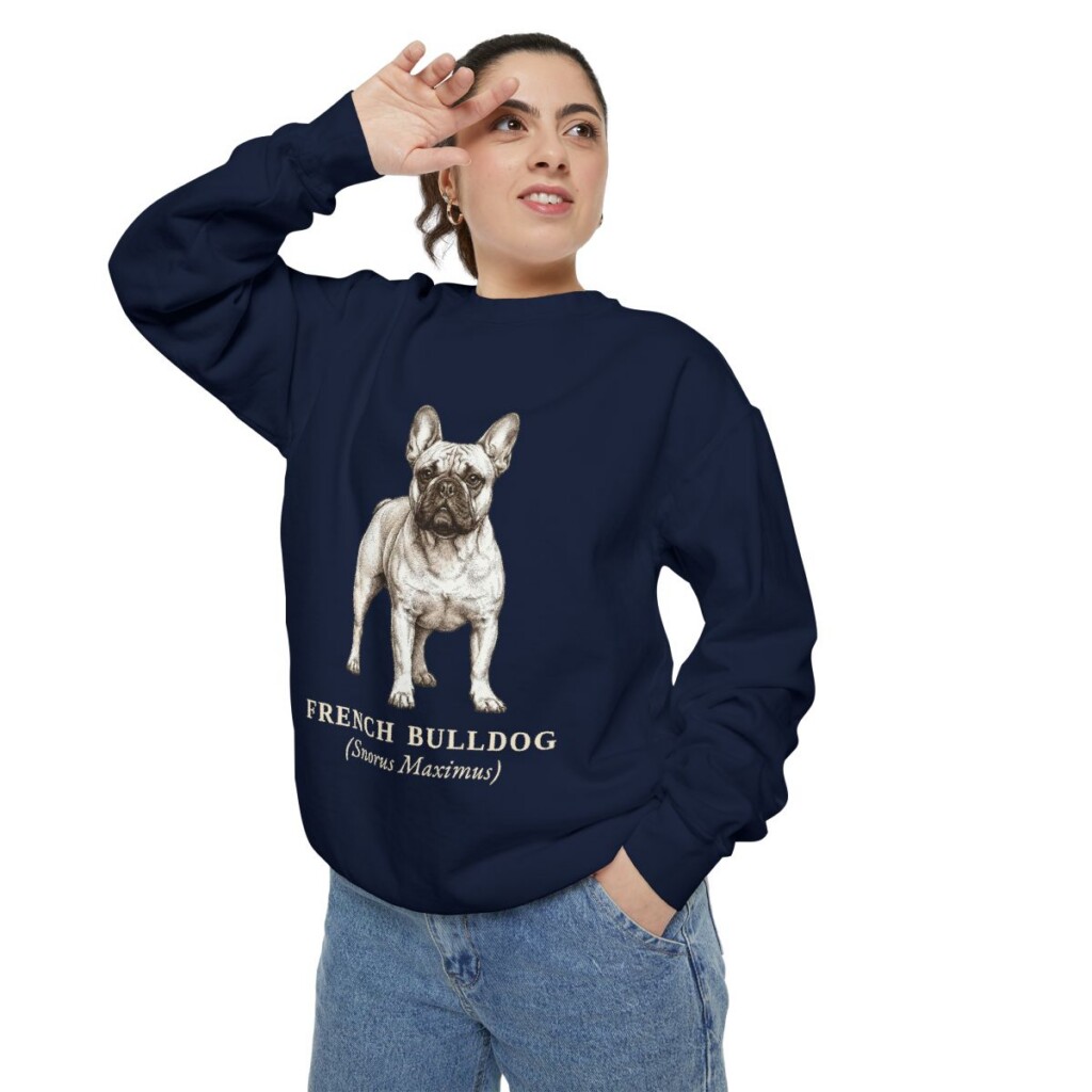 French Bulldog Latin Sweatshirt, True Navy, person 2 context