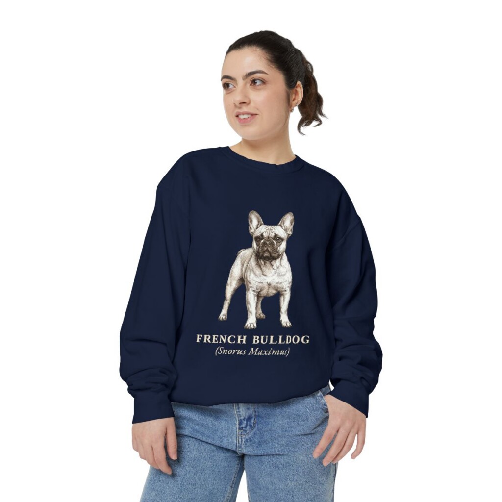 French Bulldog Latin Sweatshirt, True Navy, person 2 front