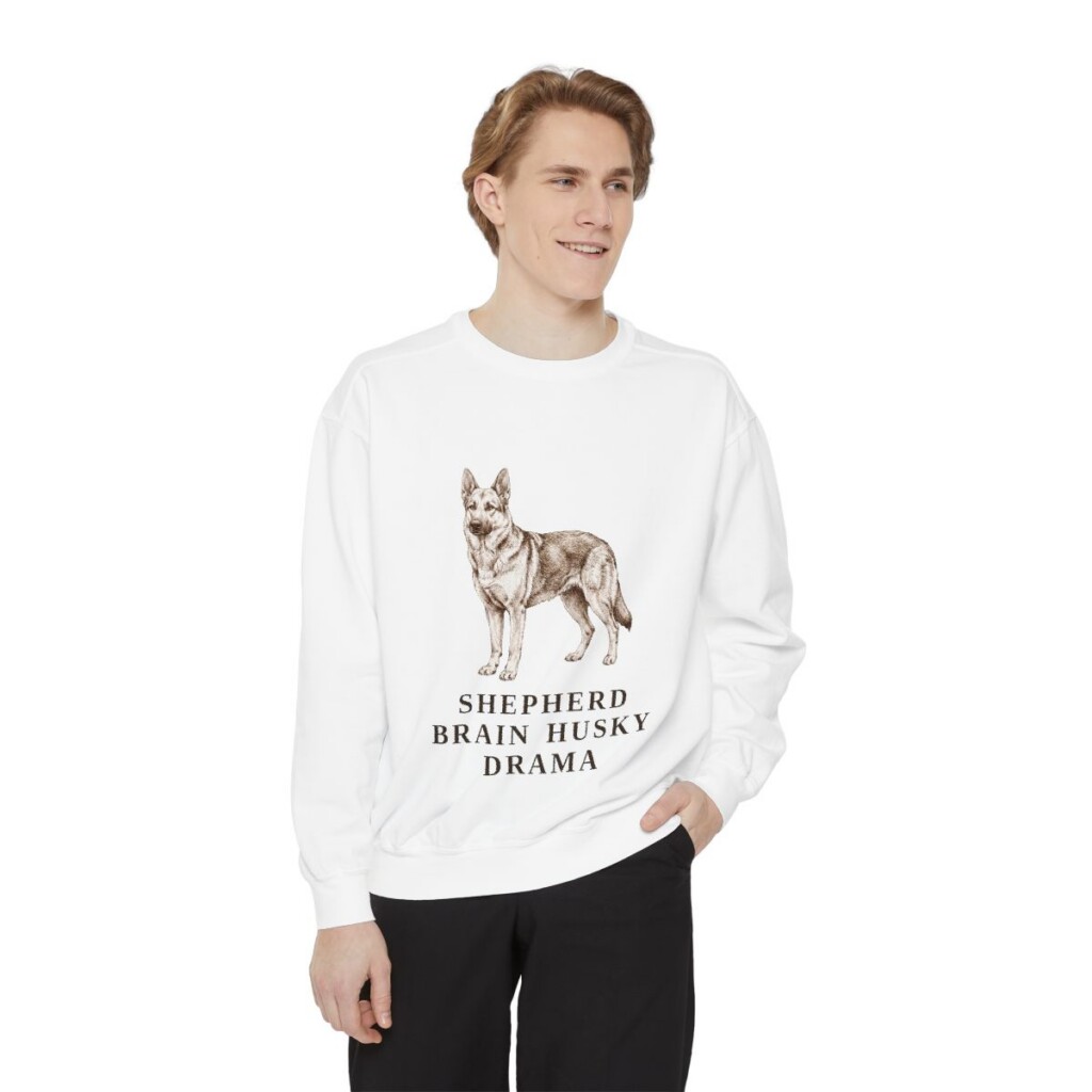 Gerberian Shepsky Humor Sweatshirt, White, person 1 front