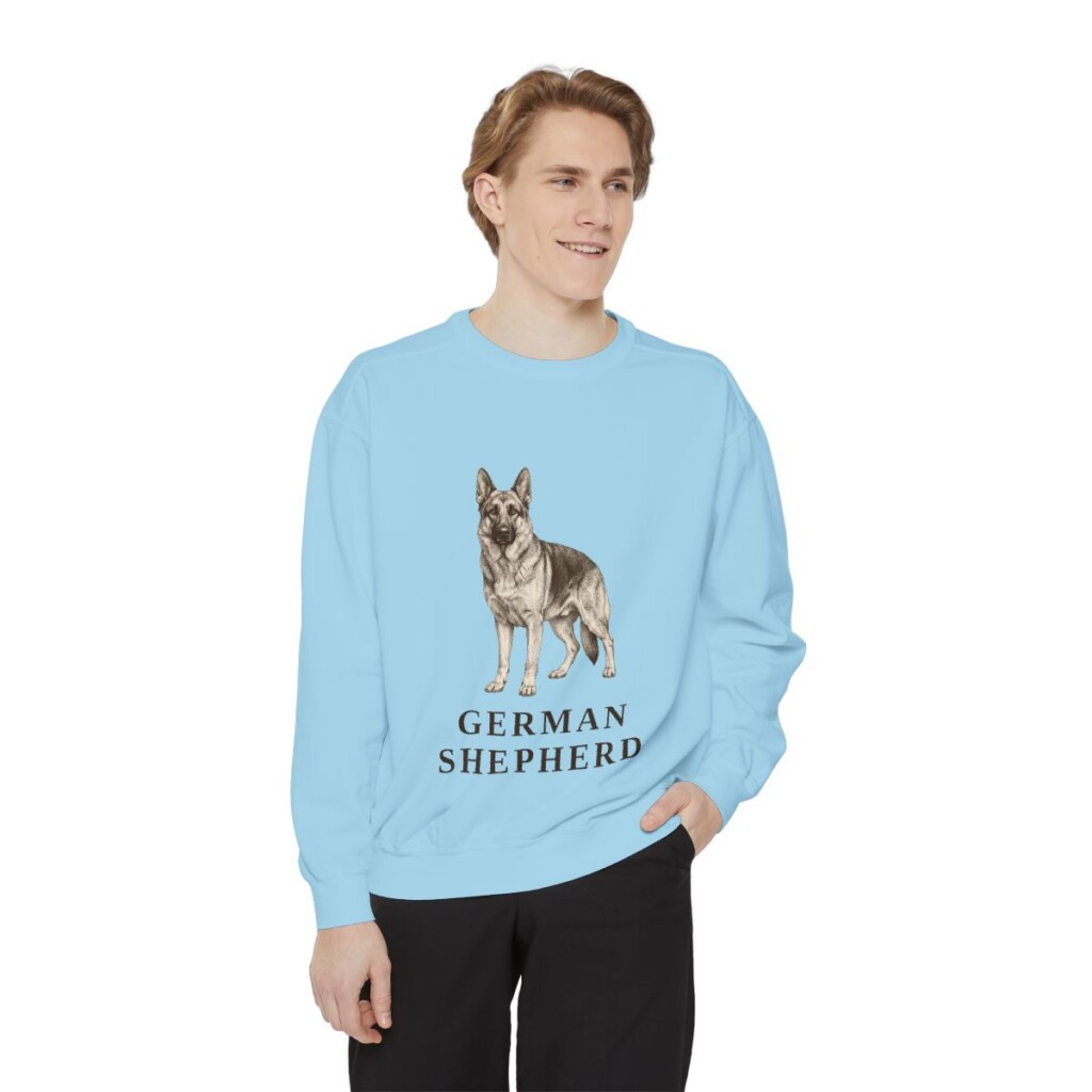 German Shepherd Sweatshirt, Chambray, person 1 front