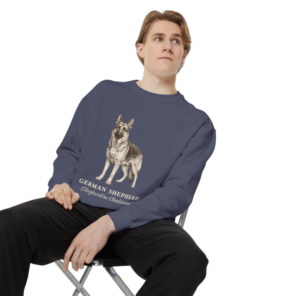 German Shepherd Latin Sweatshirt, Denim, person 1 context