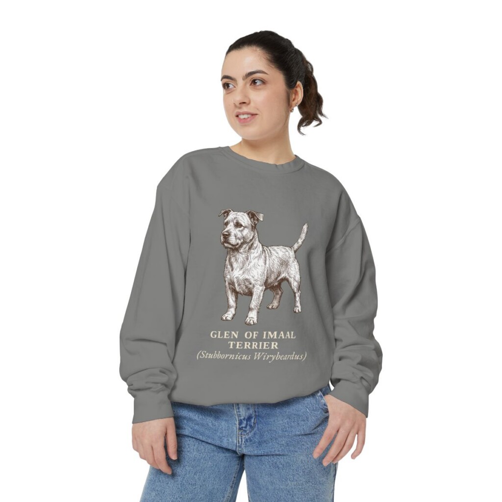 glen-of-imaal-terrier-sweatshirt-latin-grey-person-2-front Glen of Imaal Terrier Latin Sweatshirt, Grey, person 2 front
