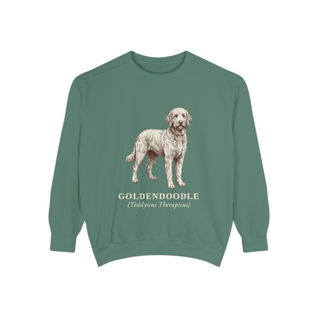 goldendoodle-sweatshirt-latin-light-green Goldendoodle Latin Sweatshirt, Light Green, front view