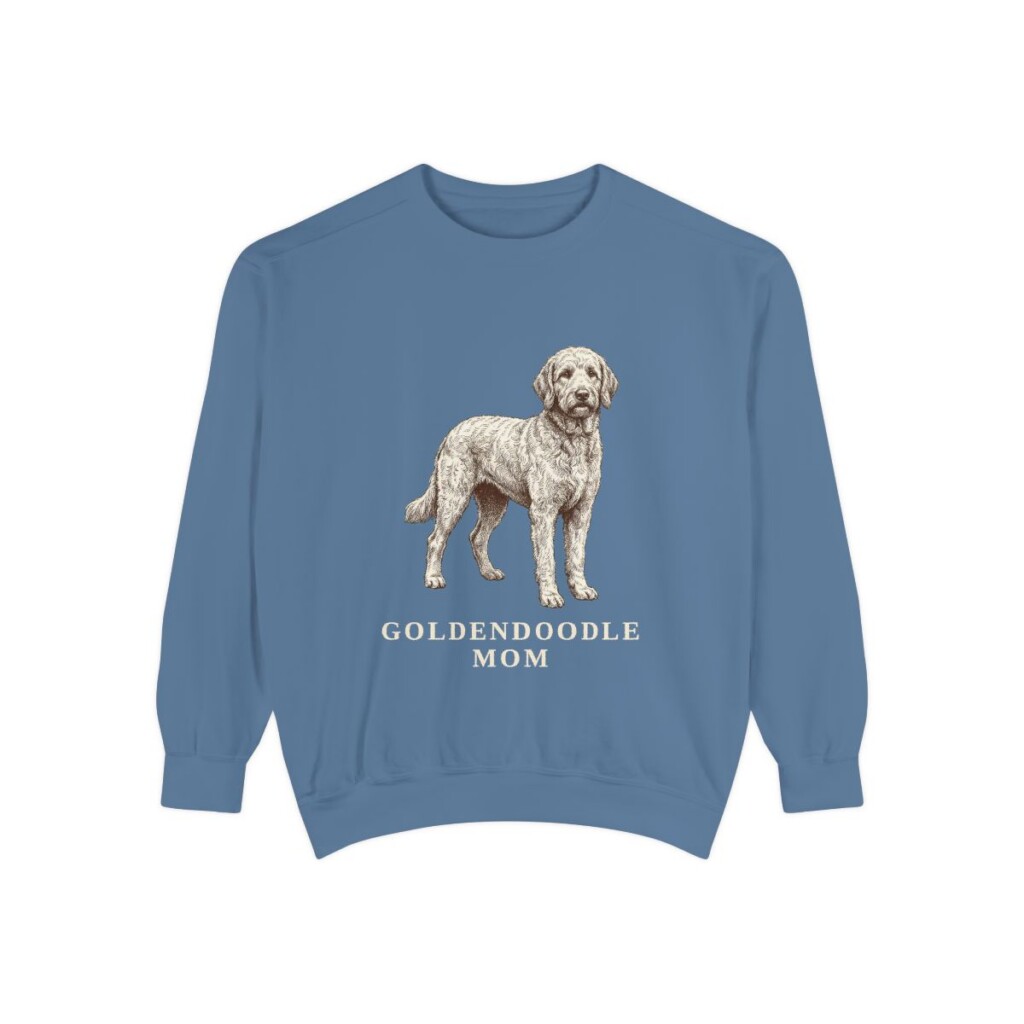 goldendoodle-sweatshirt-mom-blue-jean Goldendoodle Mom Sweatshirt, Blue Jean, front view
