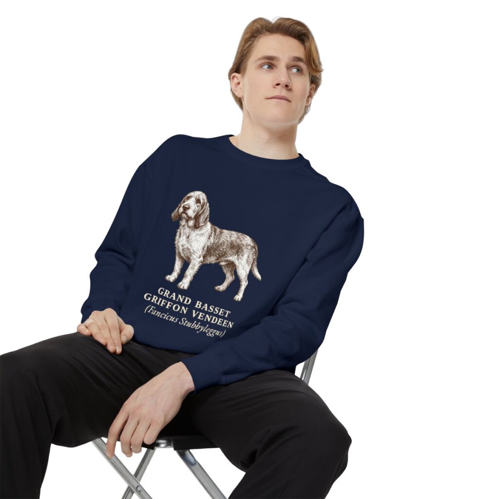 Grand Basset Griffon Vendeen Latin Sweatshirt, True Navy, person 1 context